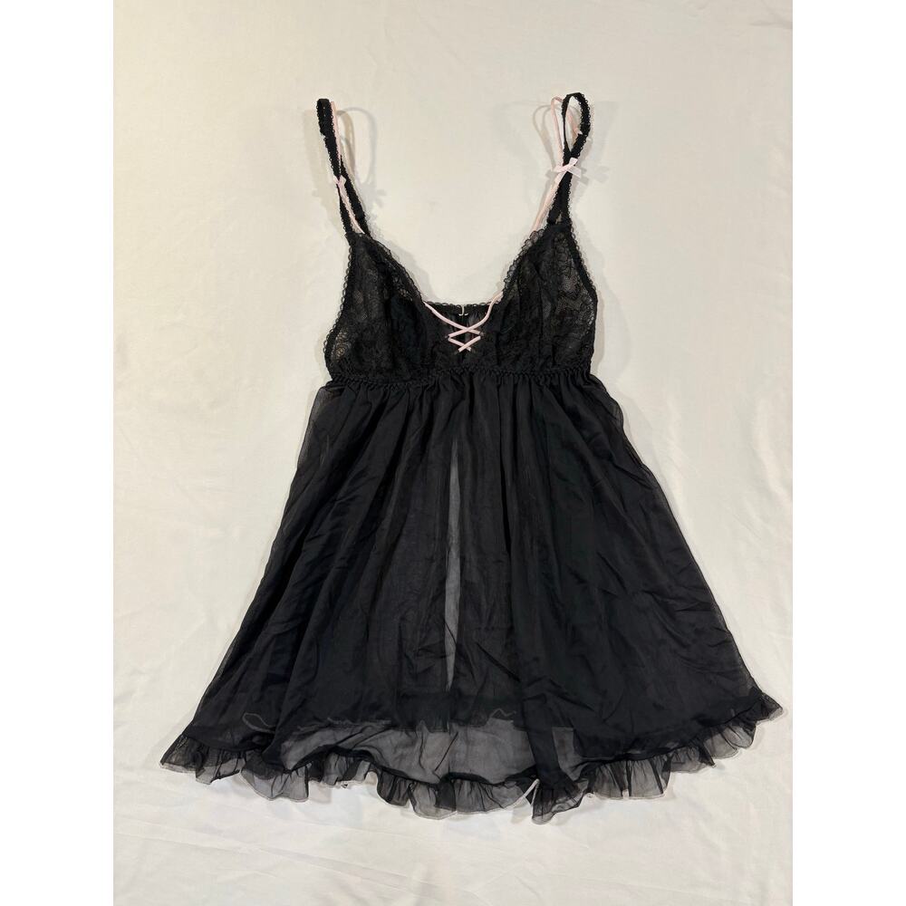 Victoria’s Secret Black & Pink Sheer Babydoll Lingerie Top Size Small